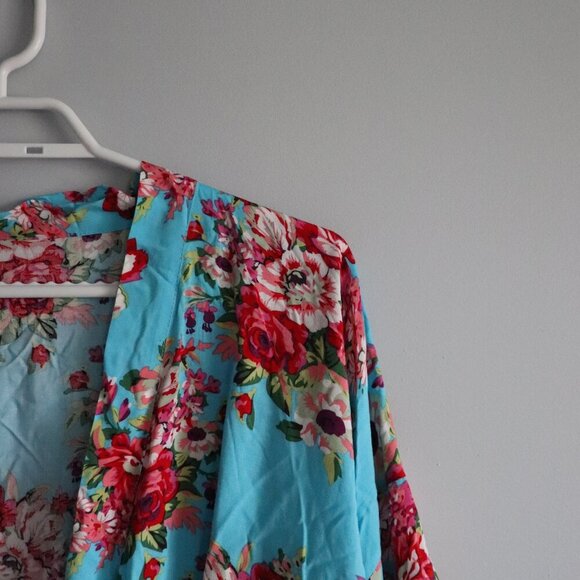 Floral Women's Sz L/XL Open Front Mid Sleeve Cover Up Wrap Kimono Robe - Picture 5 of 10